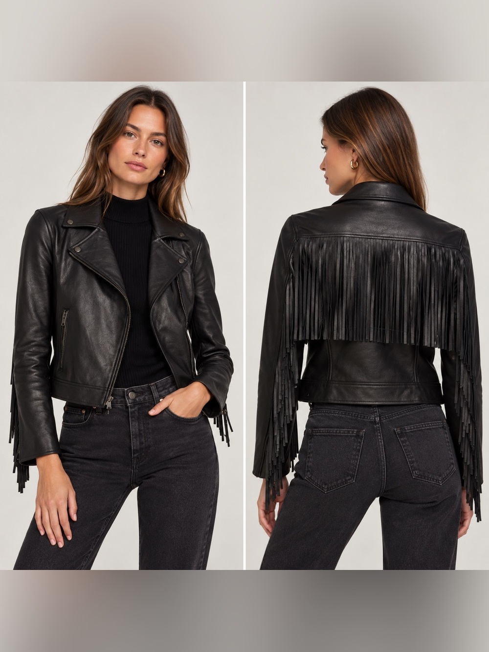 $1595Msrp NWT L'AGENCE XS Black 100% Lamb Leather Fringe Moto Jacket